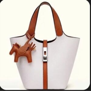 White and Tan Handbag with Horse charm